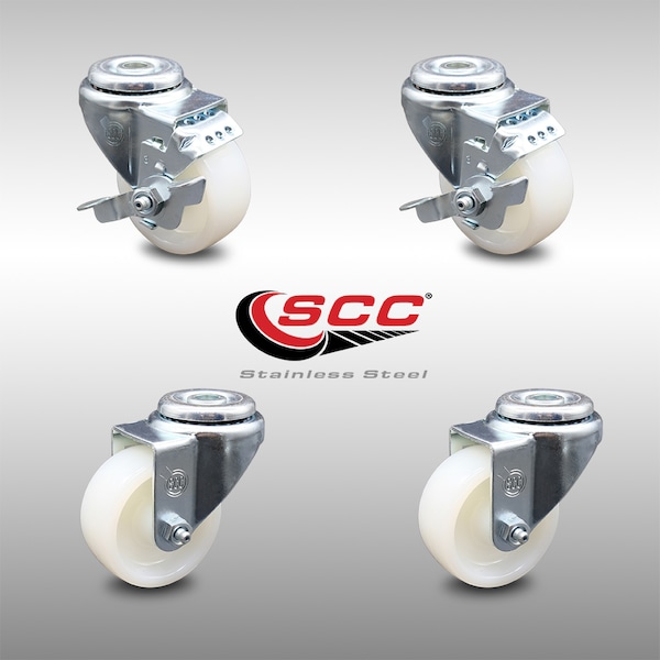 3 Inch SS Nylon Wheel Swivel Bolt Hole Caster Set with 2 Brakes